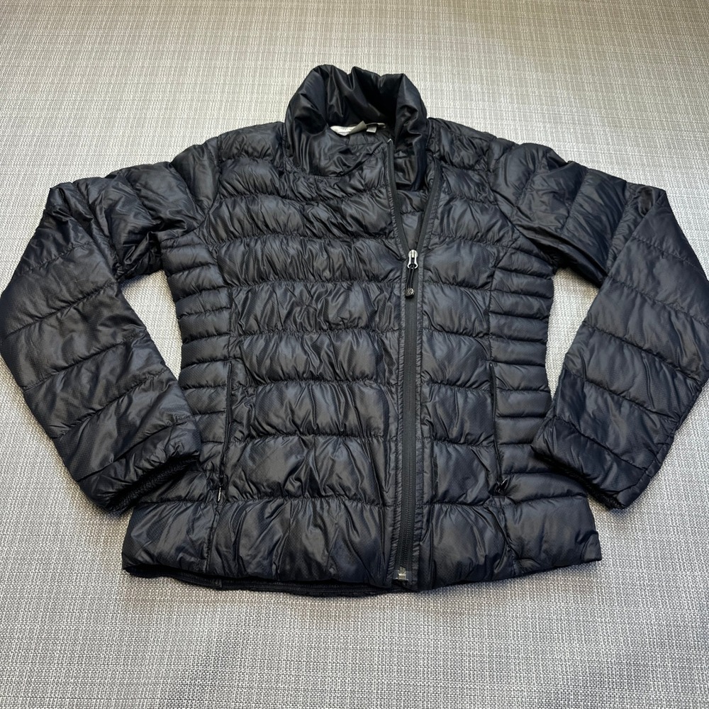 Athleta DownAbout Puffer Jacket Womens Small Black Goose Down Full Zip Quilted